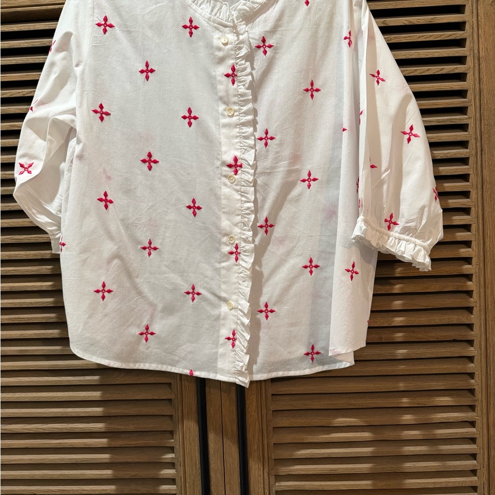 White Button Down Shirt with Pink Embroidery